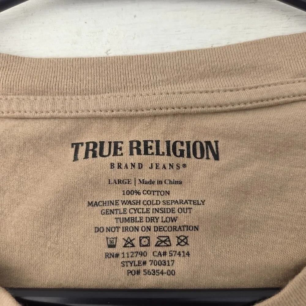 True Religion Men's L Beige Cotton Logo Graphic Crew Neck Short Sleeve Tee